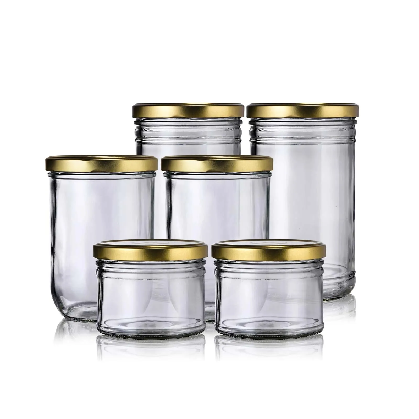 6 bocaux en verre solides 3 trailles différentes avec couvercles or 