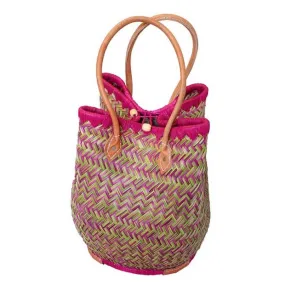 Panier en paille, grand panier rond, rose