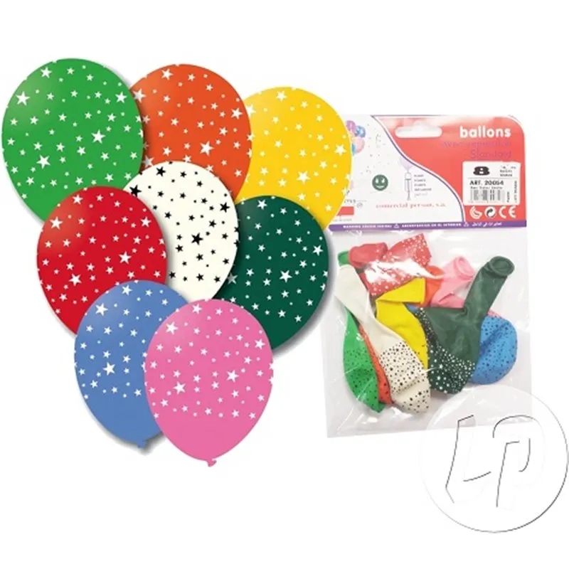 Sachet de 8 ballons, 8 couleurs différentes, motifs étoiles blancs 