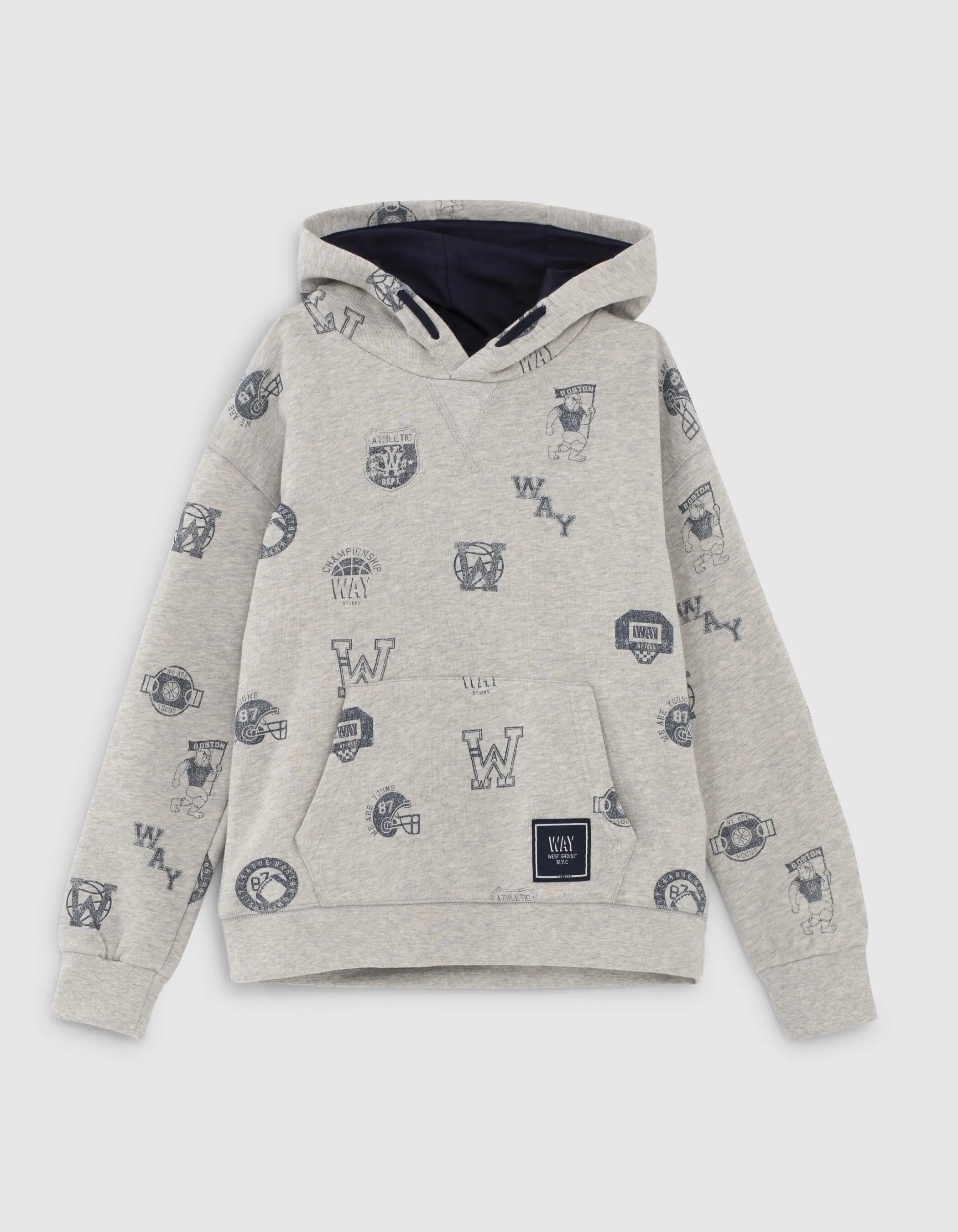 Sweat loose gris chiné visuels tampons College garçon 